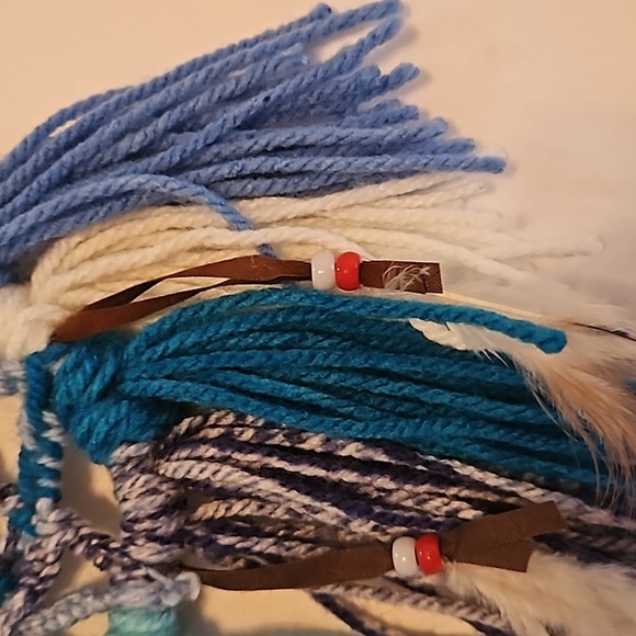 Hand Crafted Dreamcatcher Hand Knit Crochet Brown and Blue Yarn & feathers - Picture 13 of 16